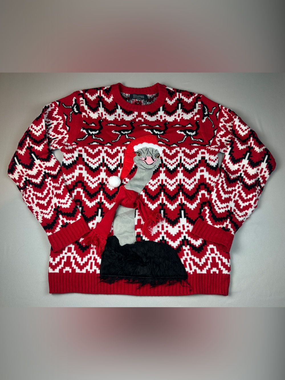 Men’s Ugly Funny Christmas Sweater Ostrich Red White Holiday Knit Pom Accent